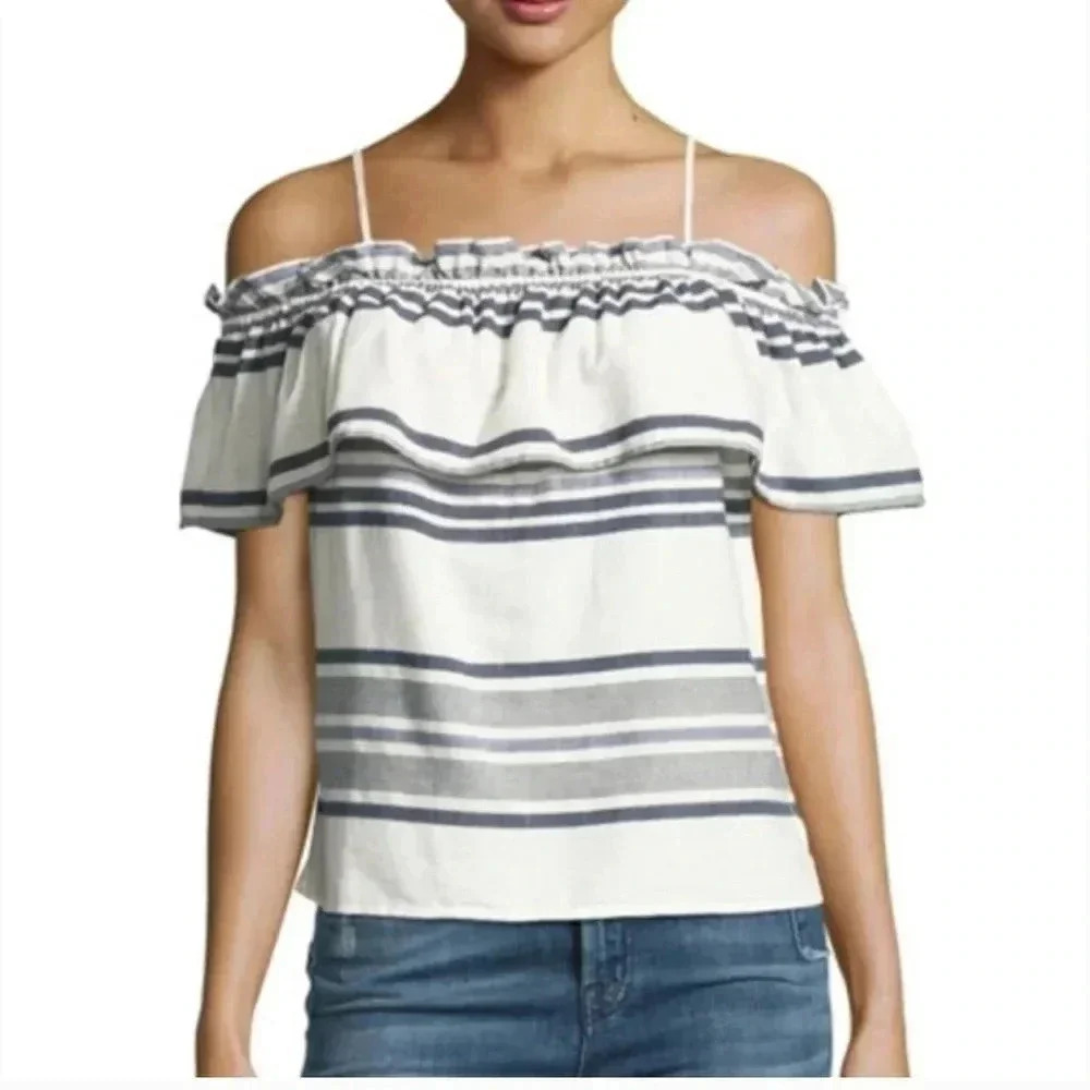 Splendid Women’s S Off-the-Shoulder Ruffle Overlay Blue/Off-White Striped Top